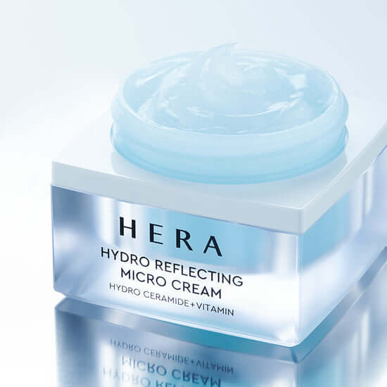 HERA Hydro Reflecting Micro Cream 50ml in a transparent jar showcasing its luxurious texture.