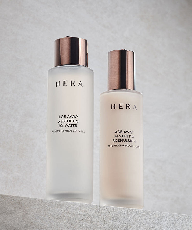 HERA Age Away Aesthetic BX Water 150ml bottle on a shelf with BX Emulsion