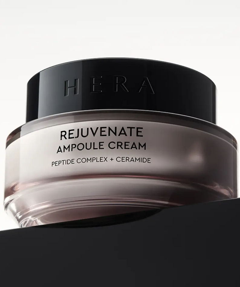 HERA Rejuvanate Ampoule Cream 50ml jar with peptide complex and ceramide, view from front on a stark background.