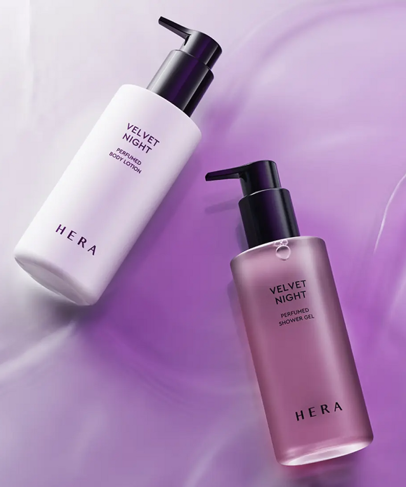HERA Velvet Night Perfumed Body Lotion 230ml with lavender background showcasing elegance