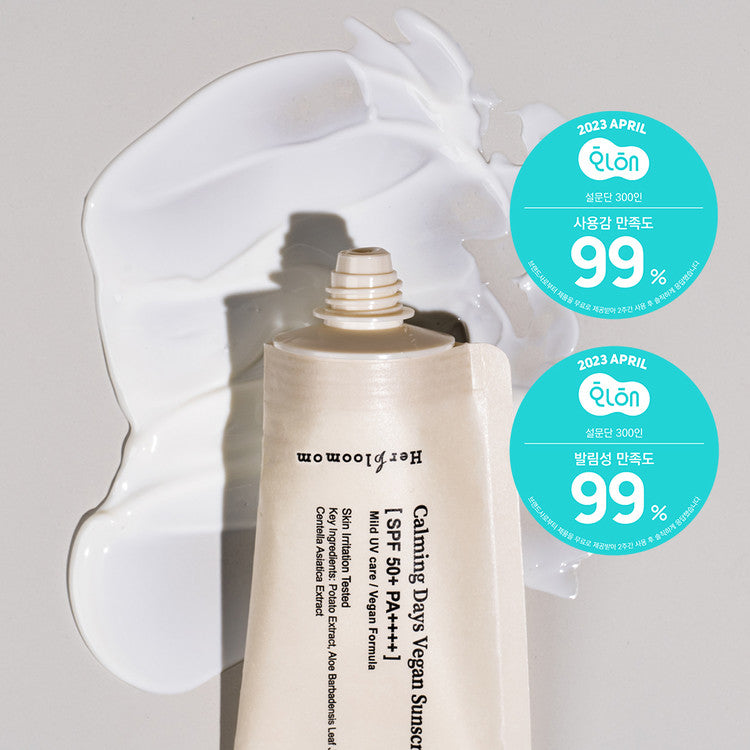 HERBLOOM Calming Days Vegan Sunscreen 50ml tube with cream texture and 99% satisfaction labels