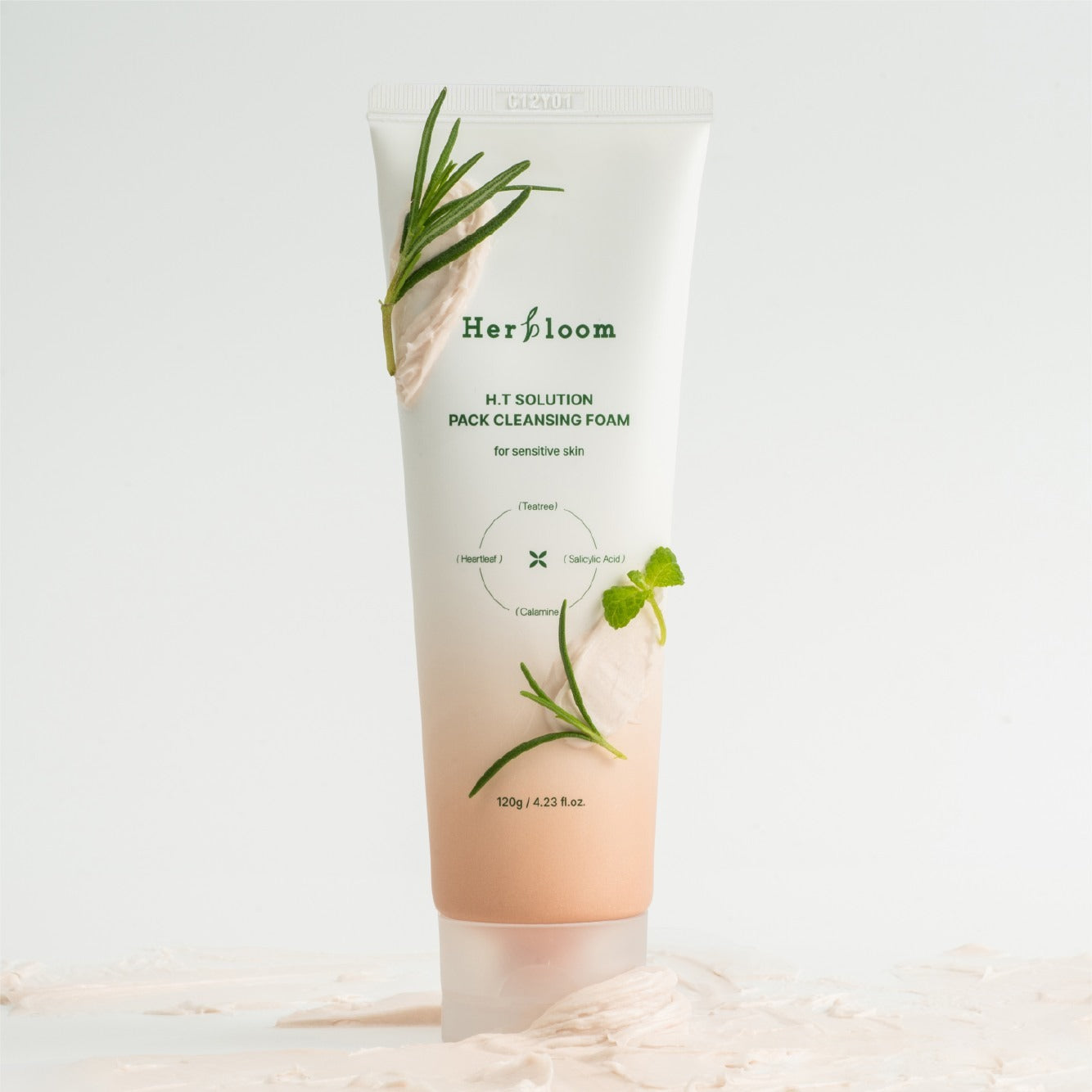 HERBLOOM H.T Solution Pack Cleansing Foam 120g skincare product in a sleek packaging with natural elements.