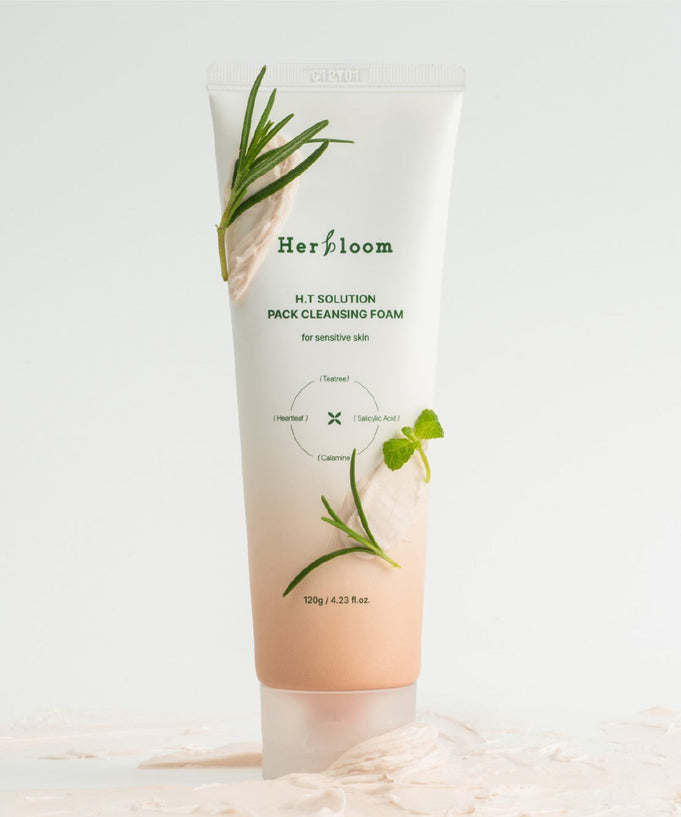 HERBLOOM H.T Solution Pack Cleansing Foam 120g skincare product in a sleek packaging with natural elements.