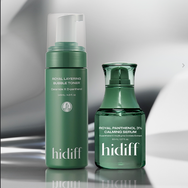 HIDIFF Panthenol Rapid Soothing Set with Royal Layering Bubble Toner and Royal Panthenol 3% Calming Serum on display