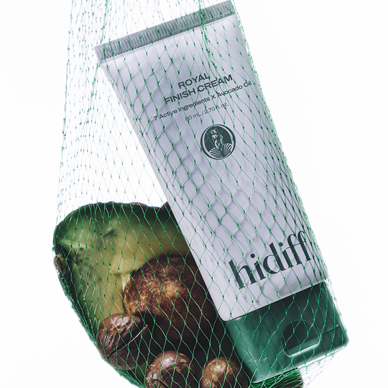 HIDIFF Royal Finish Cream 80ml with packaging and avocado, premium skincare product, hydrating, luxurious cream.