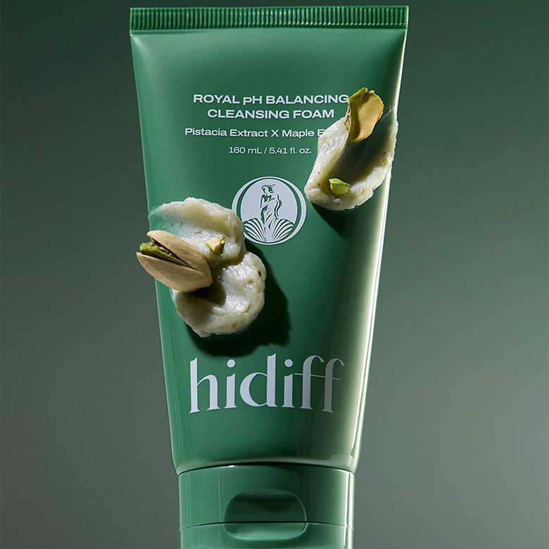 HIDIFF Royal Mildly Acidic Cleansing Foam 160ml tube on a green background with visible texture and ingredients.
