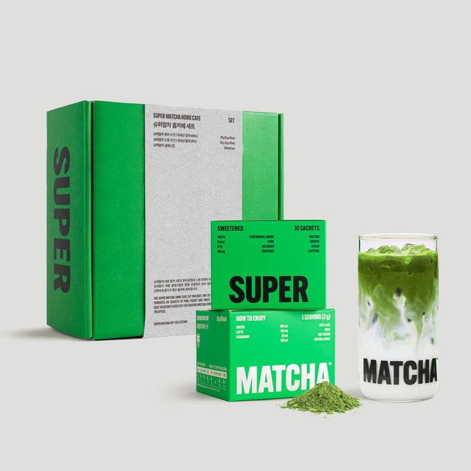 HIT THE TEA Super Matcha Home Cafe Set (Pure 10+Sweet 10+Heat-Resistant Glass Cup) image with matcha box and glass cup