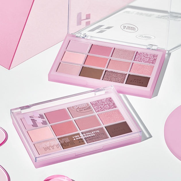HOLIKA HOLIKA My Favorite Vibe Eye Palette open with various pink and brown shades, showcasing vibrant colors for eye makeup.