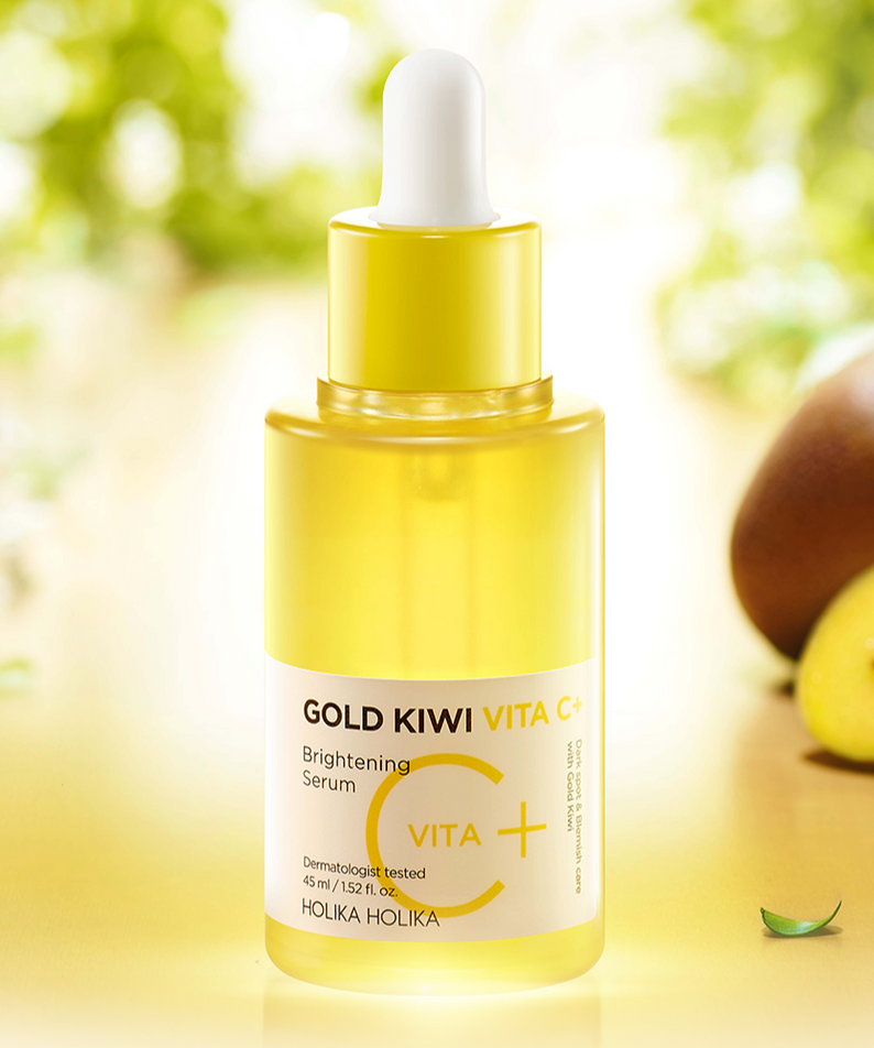 HOLIKA HOLIKA Gold Kiwi Vita C+ Brightening Serum 45ml bottle with fresh kiwi slices in the background