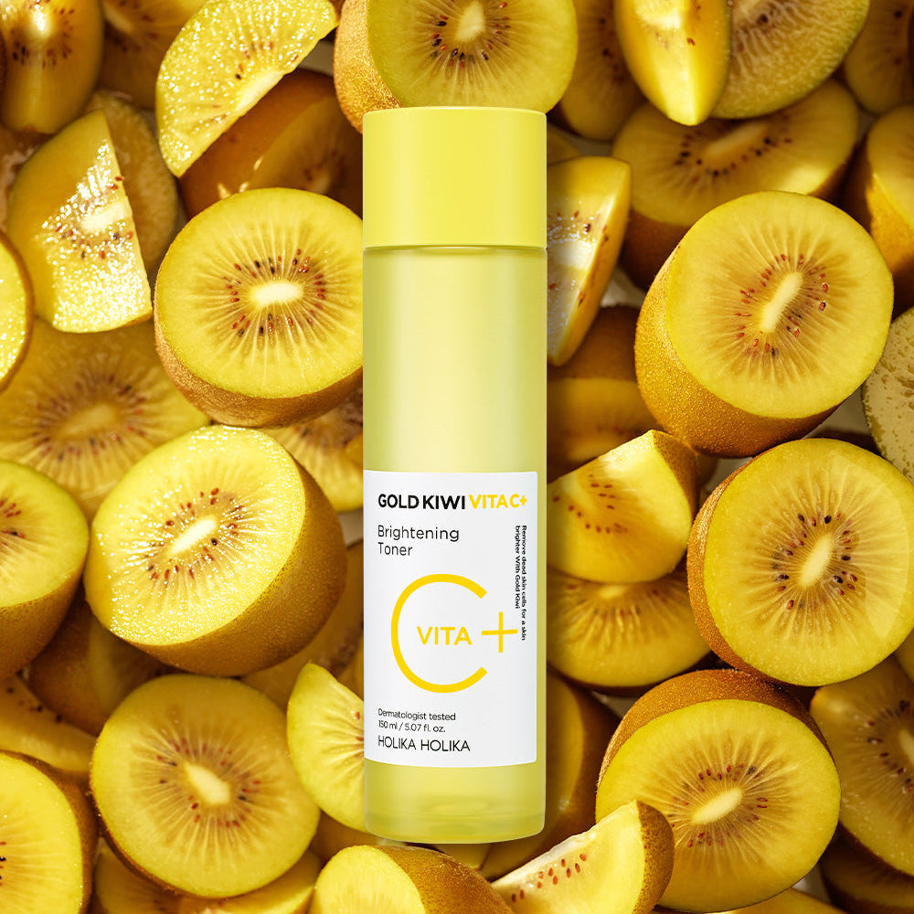 HOLIKA HOLIKA Gold Kiwi Vita C+ Brightening Toner with sliced kiwi background