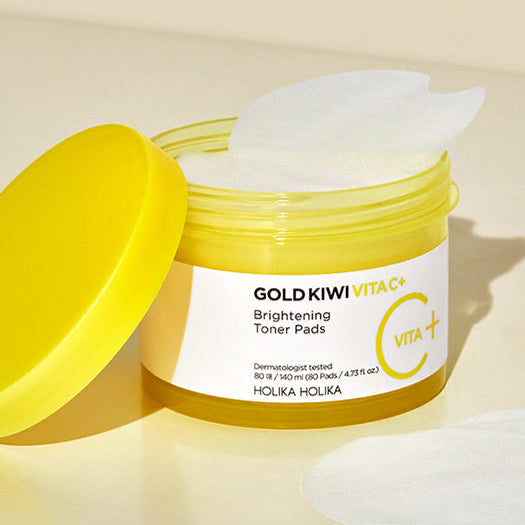 HOLIKA HOLIKA Gold Kiwi Vita C+ Brightening Toner Pads (80 sheets) open container with pads visible