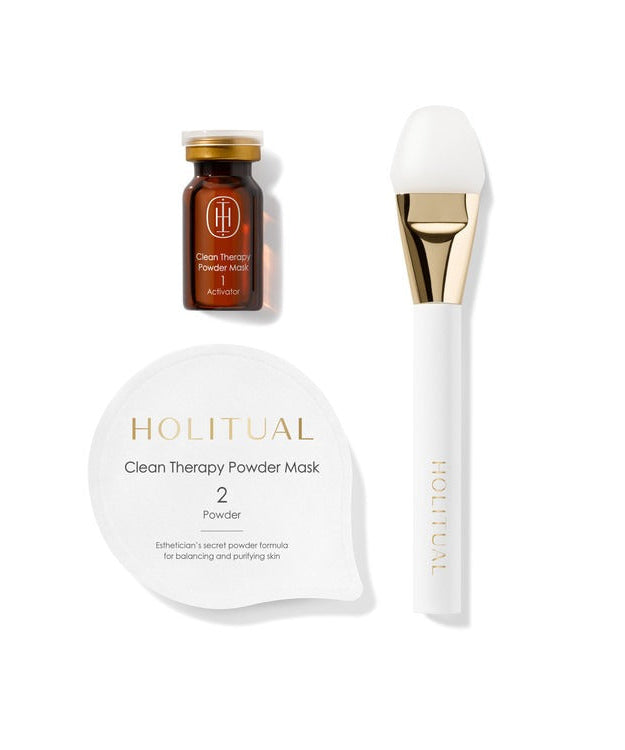 HOLITUAL Clean Therapy Powder Mask set including brush and bottle for skincare routine, balancing and purifying skin.