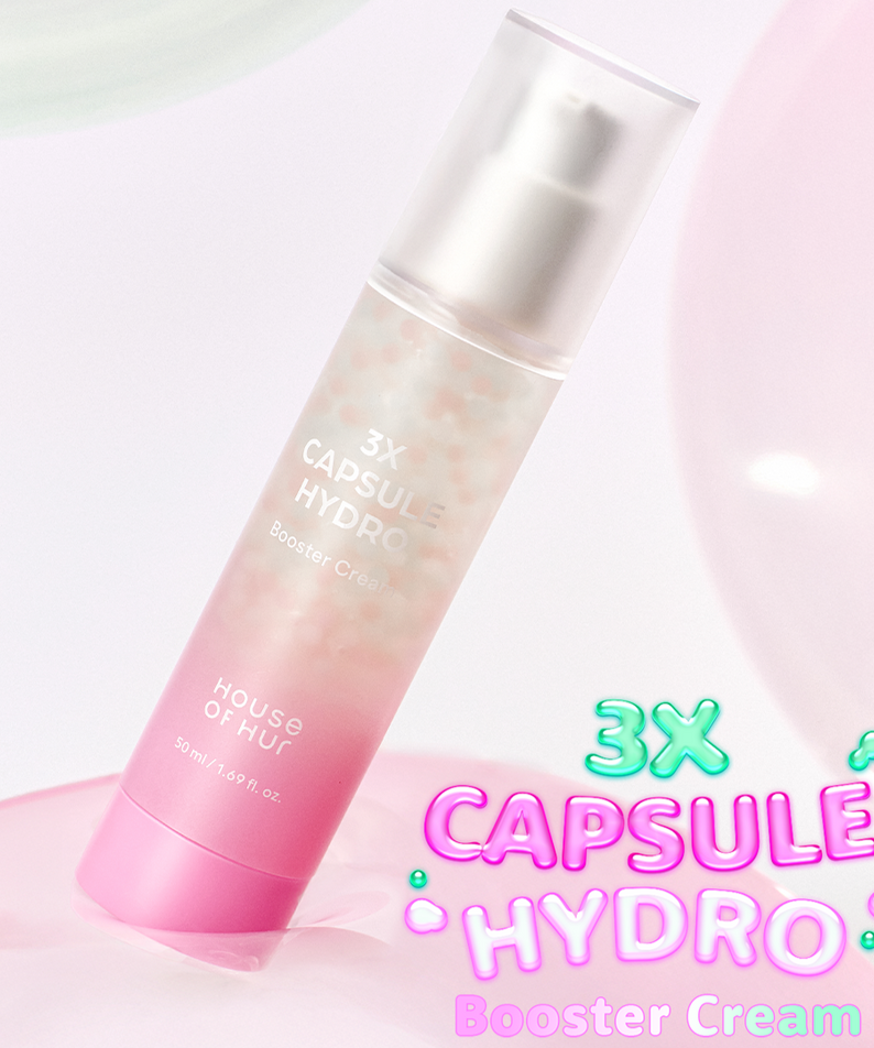HOUSE OF HUR 3X Capsule Hydro Booster Cream 50ml in pink packaging on a pastel background