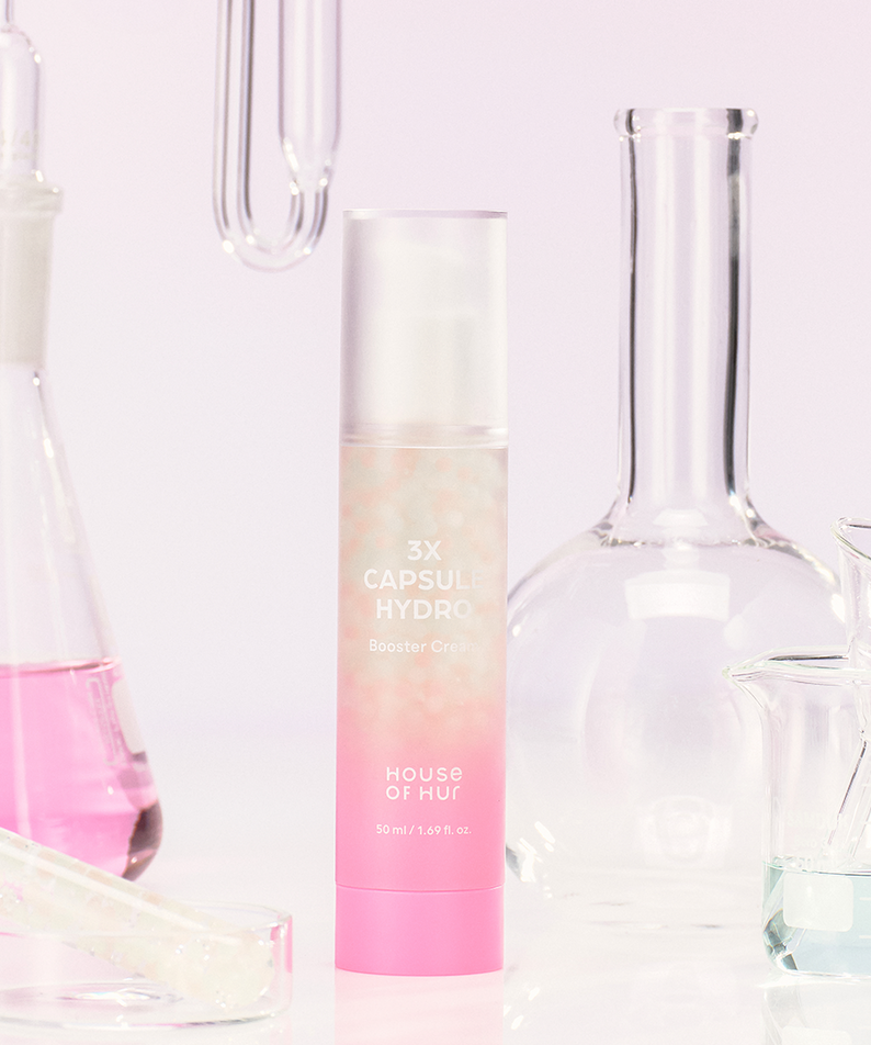 HOUSE OF HUR 3X Capsule Hydro Booster Cream 50ml with scientific glassware background