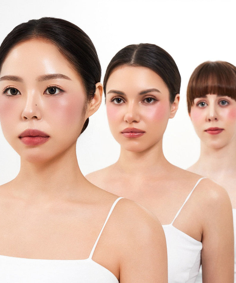 Three women wearing HOUSE OF HUR Every Cheek Blush showcasing natural rosy makeup.