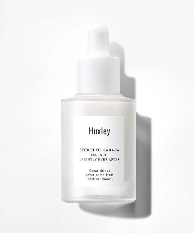 HUXLEY Essence Brightly Ever After 30ml skincare bottle with dropper for radiant skin care routine.