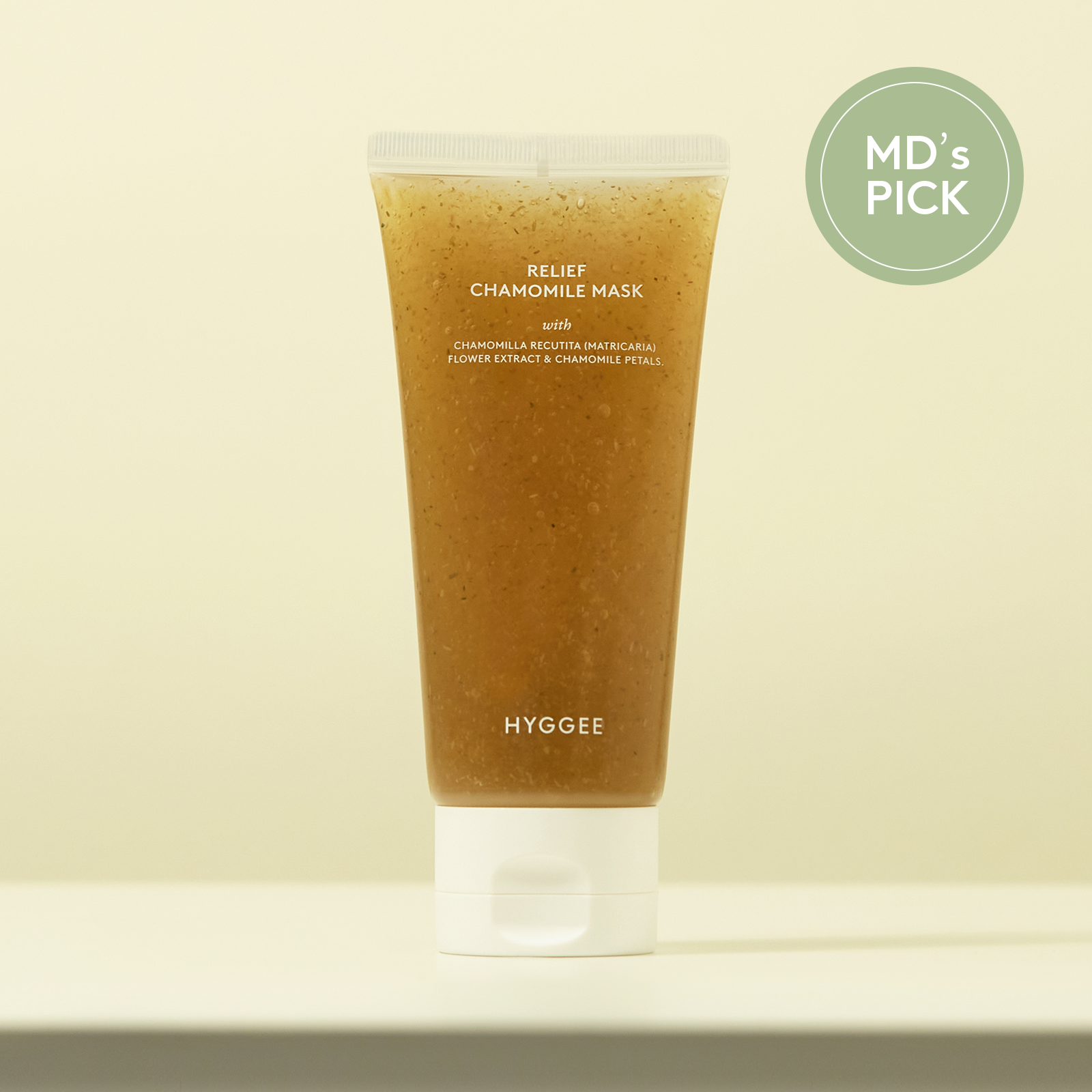 HYGGEE Relief Chamomile Mask 95ml tube on display, labeled MD's Pick.