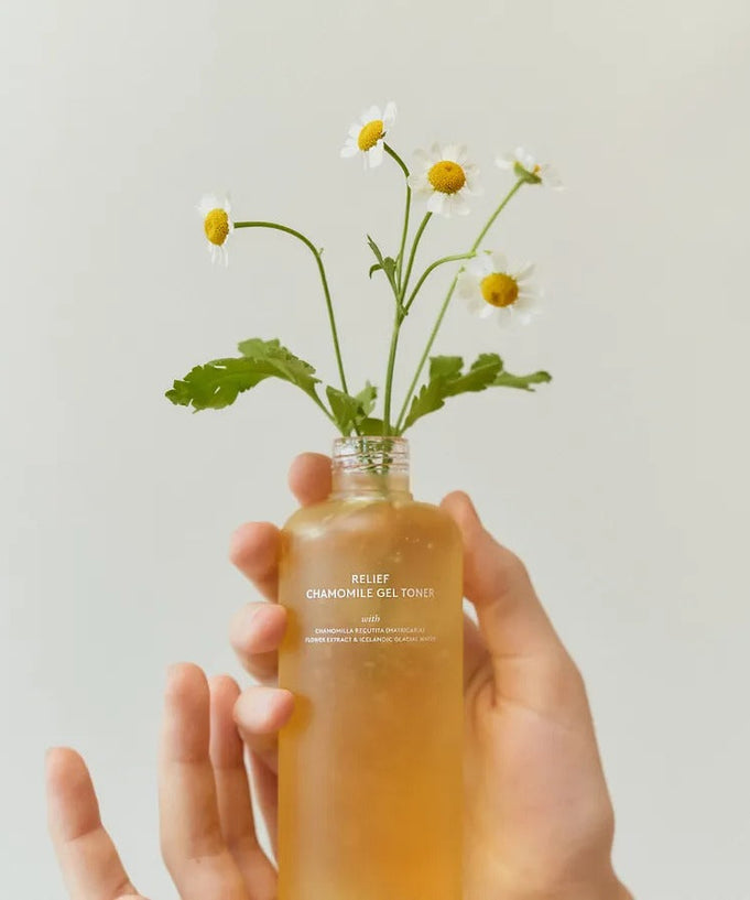 HYGGEE Relief Chamomile Gel Toner 200ml in a clear glass bottle with chamomile flowers, held by a hand against a neutral background