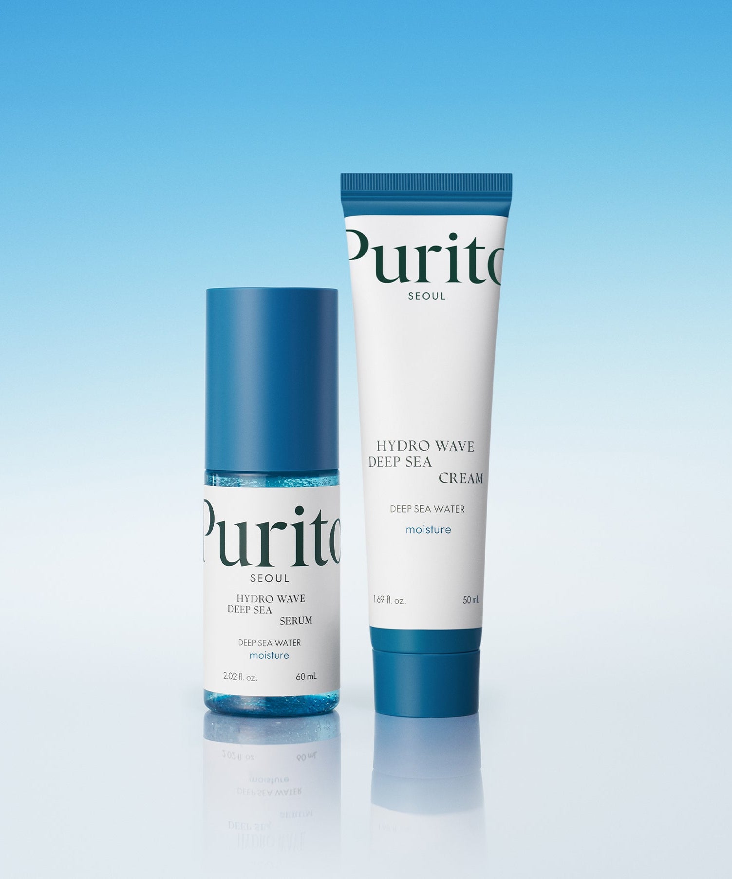 PURITO Hydro Wave Deep Sea Cream 50ml with bottle and tube on a blue background