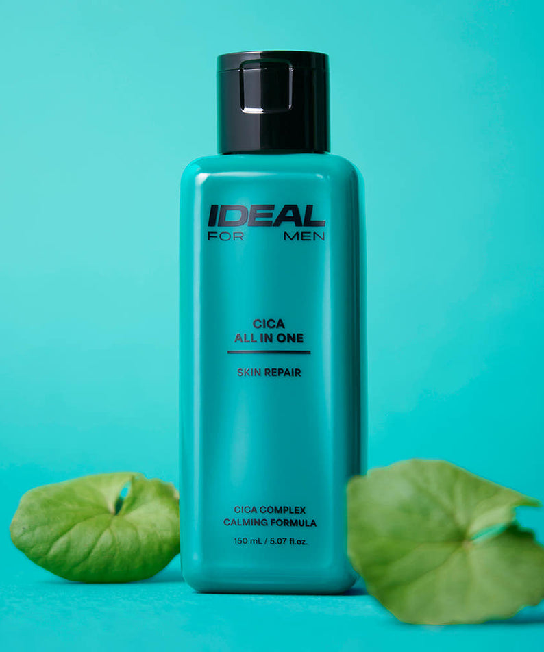 Gentleman Korea product shot IDEAL FOR MEN Cica All-in-One 150ml turquoise bottle for men’s skin repair and calming care