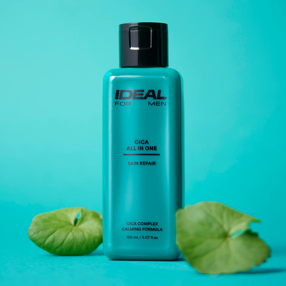 Gentleman Korea product shot IDEAL FOR MEN Cica All-in-One 150ml turquoise bottle for men’s skin repair and calming care
