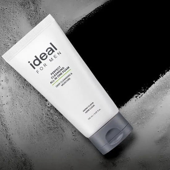IDEAL FOR MEN Perfect All-in-One Cleansing Foam 150ml product tube on textured background Gentleman Korea Korean men’s skincare