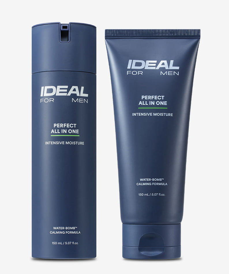 IDEAL FOR MEN Perfect Moisturizing All-in-One Plan 150ml – Gentleman Korea product image showing navy pump bottle and tube for men’s skincare