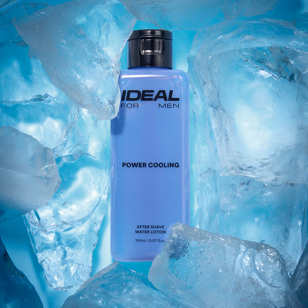 IDEAL FOR MEN Power Cooling Water Lotion 150ml bottle in icy setting for men grooming by Gentleman Korea