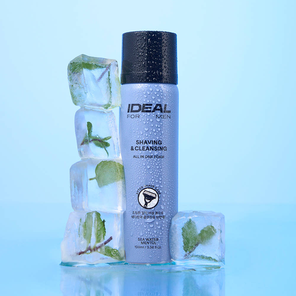 IDEAL FOR MEN Shaving & All-in-One Cleansing Foam 100ml by Gentleman Korea bottle with mint ice cubes, refreshing men's shaving and cleansing foam