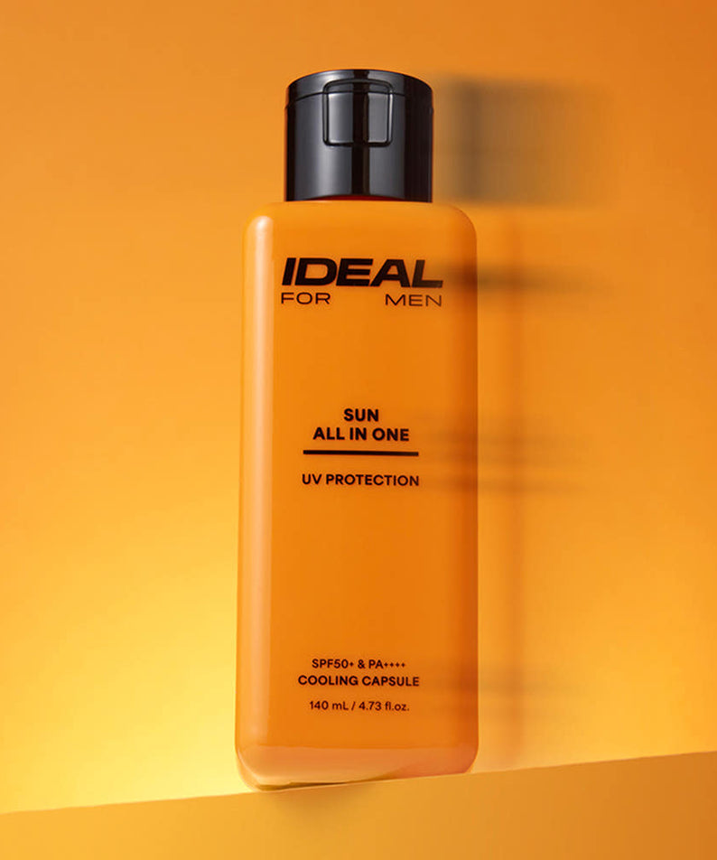 IDEAL FOR MEN Sun All-in-One 140ml sunscreen bottle on orange background by Gentleman Korea, men's skincare UV protection