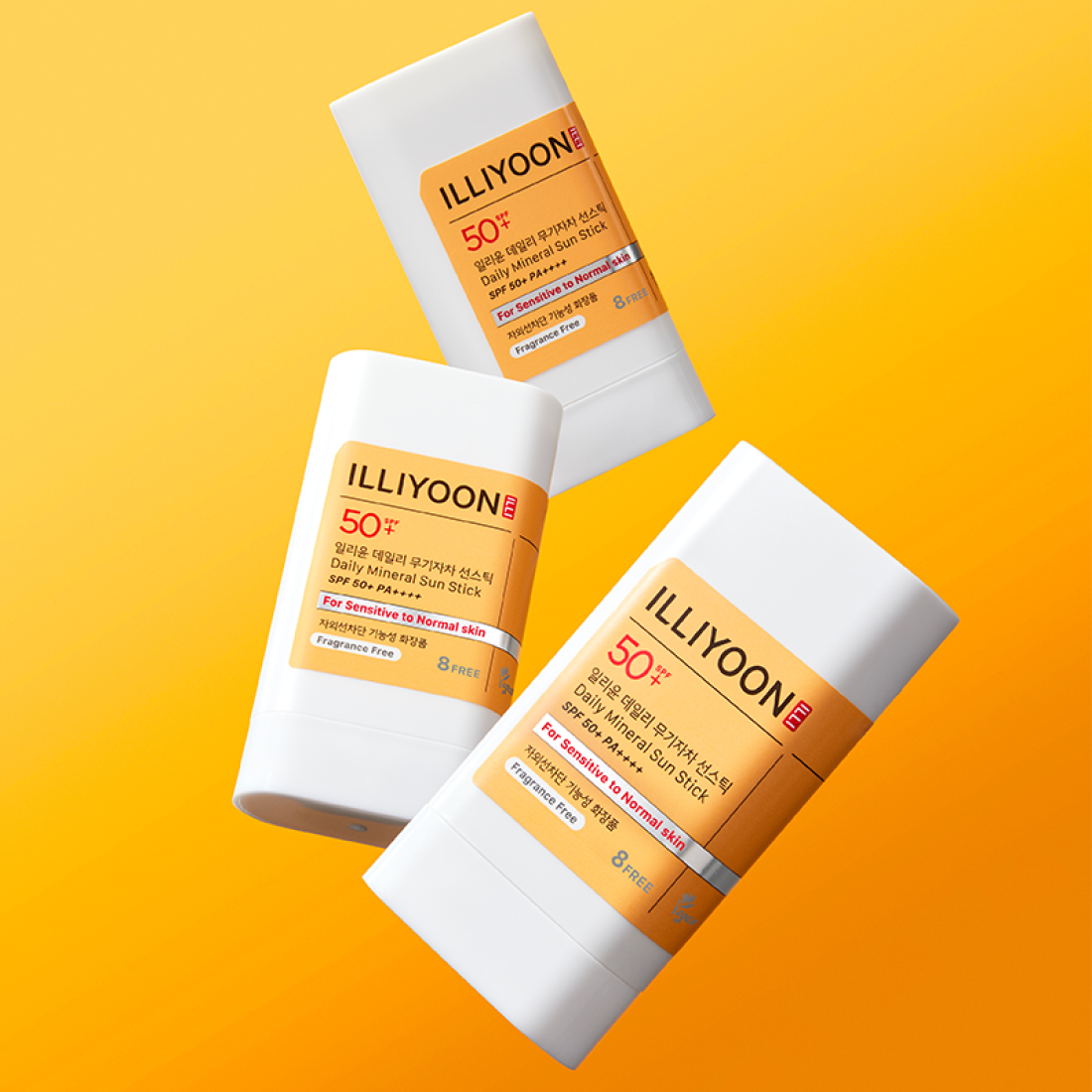 Three ILLIYOON Daily Weaponless Sun Stick 20g on an orange background.