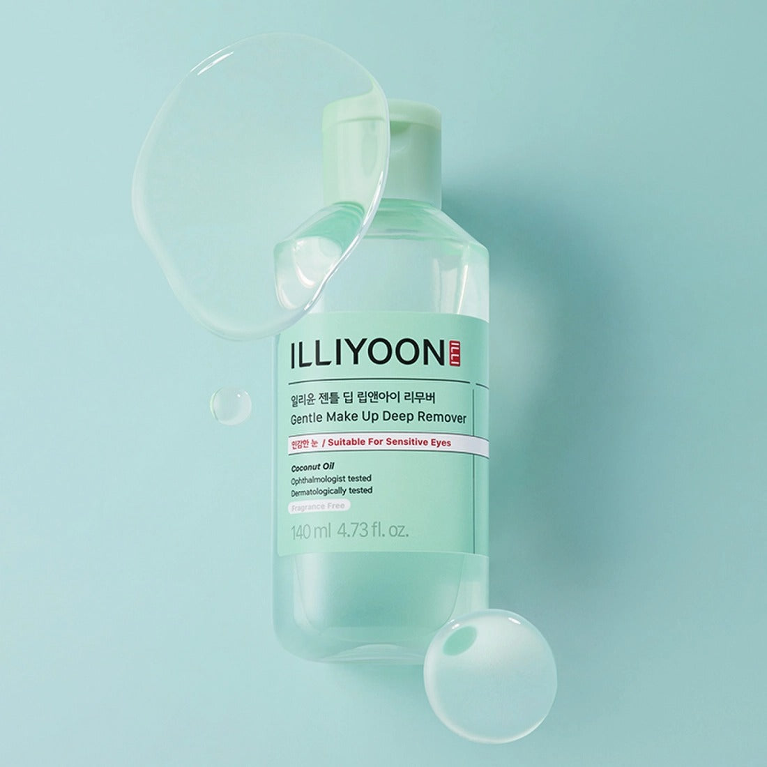 ILLIYOON Gentle Deep Lip & Eye Remover 140ml for sensitive skin care with soothing formula in a clear green bottle placed on a teal background.