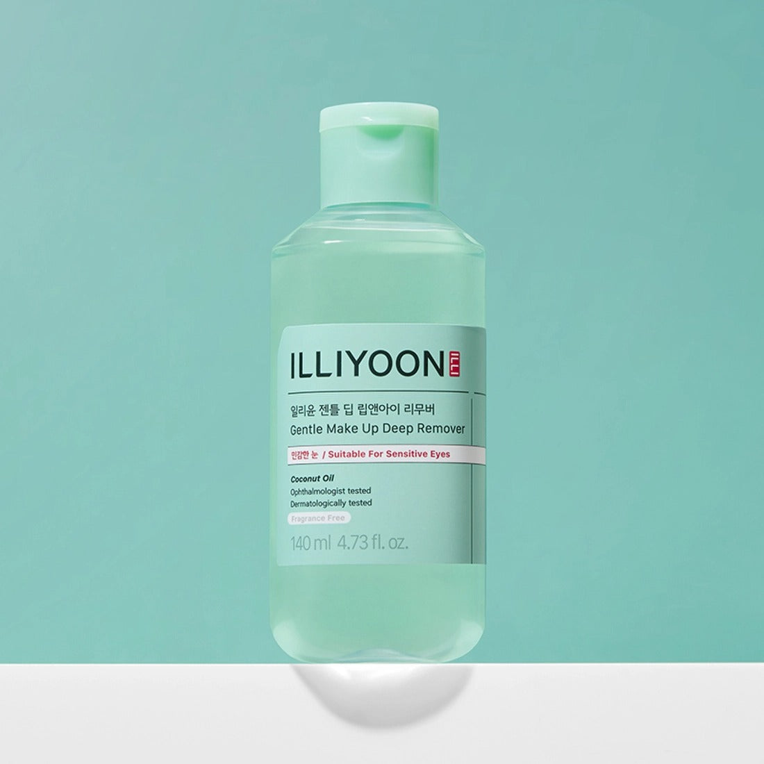 ILLIYOON Gentle Deep Lip & Eye Remover 140ml bottle on a turquoise background, skincare product for sensitive areas.