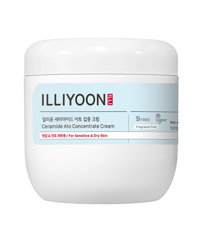 ILLIYOON Ceramide Ato Intensive Cream 500ml, a hydrating skincare product for sensitive skin, in a white container on a plain background.