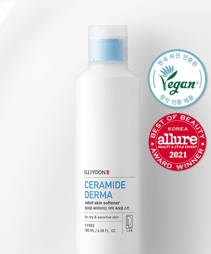 ILLIOON Ceramide Derma Relief Skin Softener 180ml bottle with vegan and award-winning badges