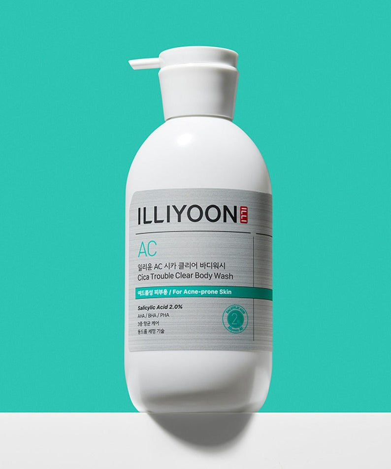 ILLIYOON Cica Acne Clear Body Wash 400ml bottle on a turquoise background for acne-prone skin