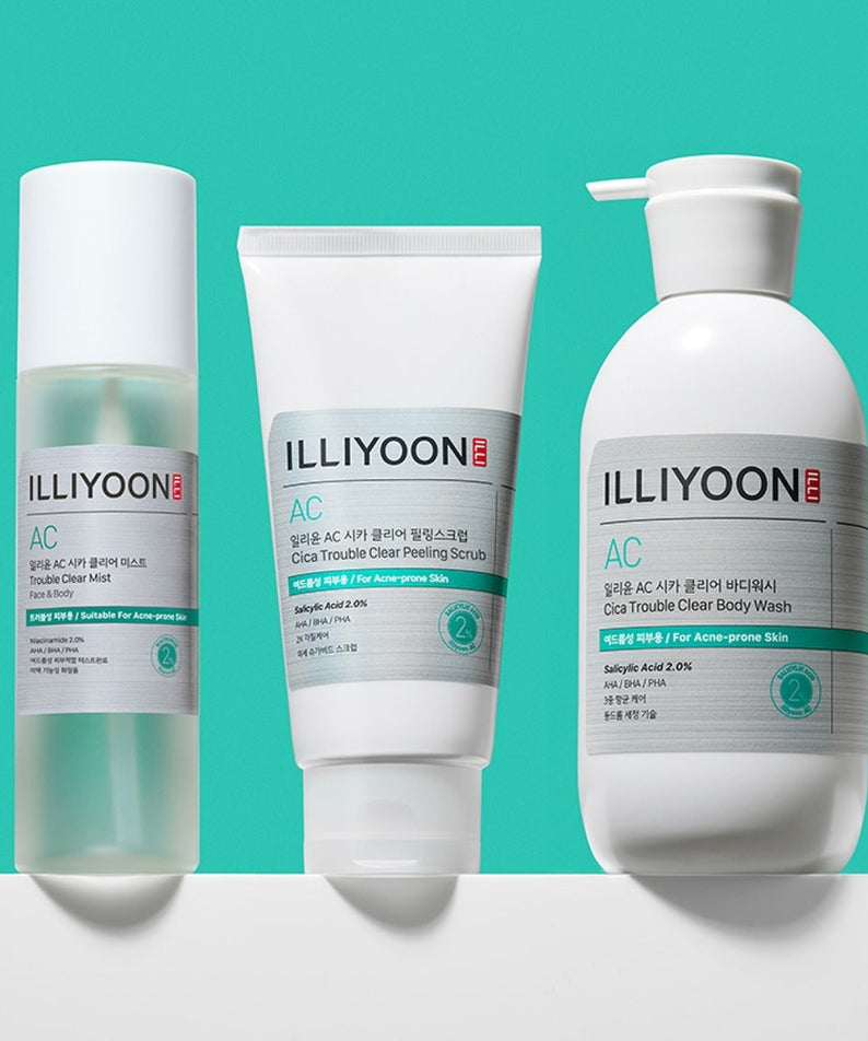 ILLIYOON Cica Acne Clear Body Wash 400ml next to skincare products on a turquoise background