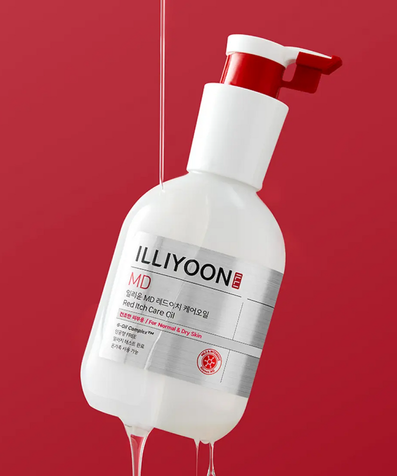 ILLIYOON Redich Care Oil 200ml bottle with dispenser against red background, skincare product