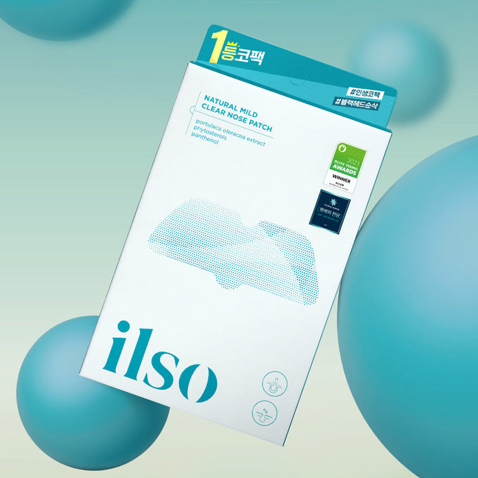ILSO Natural Mild Clear Nose Pack packaging with abstract background and soft blue tones, emphasizing skincare benefits.