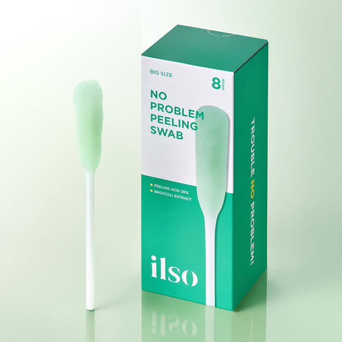 ILSO No Trouble Peeling Swab 8 sheets package showcasing the product and box with details in the background.