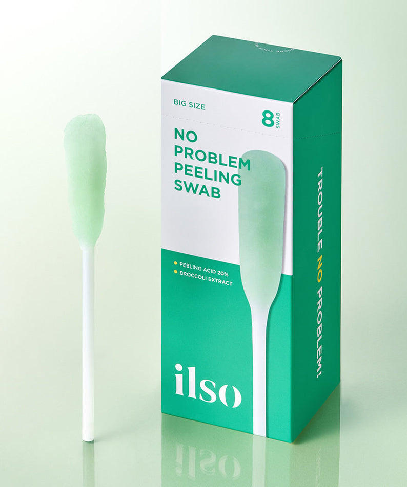 ILSO No Trouble Peeling Swab 8 sheets package showcasing the product and box with details in the background.