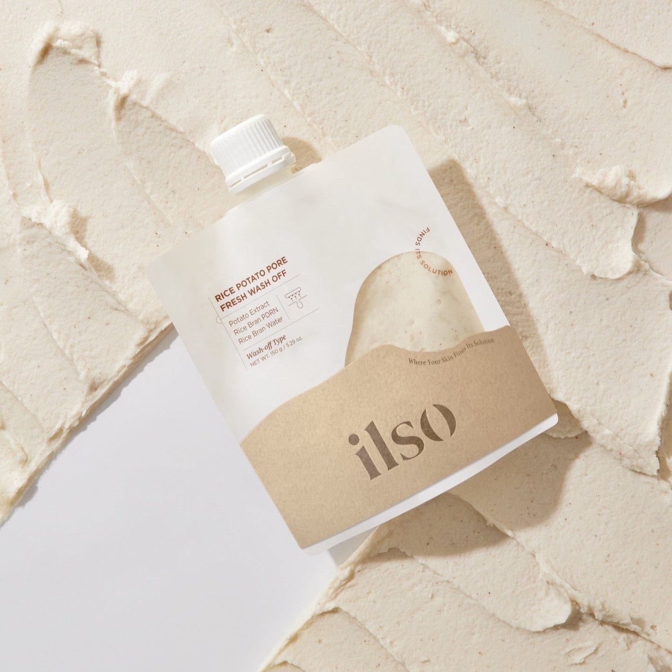ILSO Rice Potato Pore Fresh Wash-Off 150g skincare product against textured background