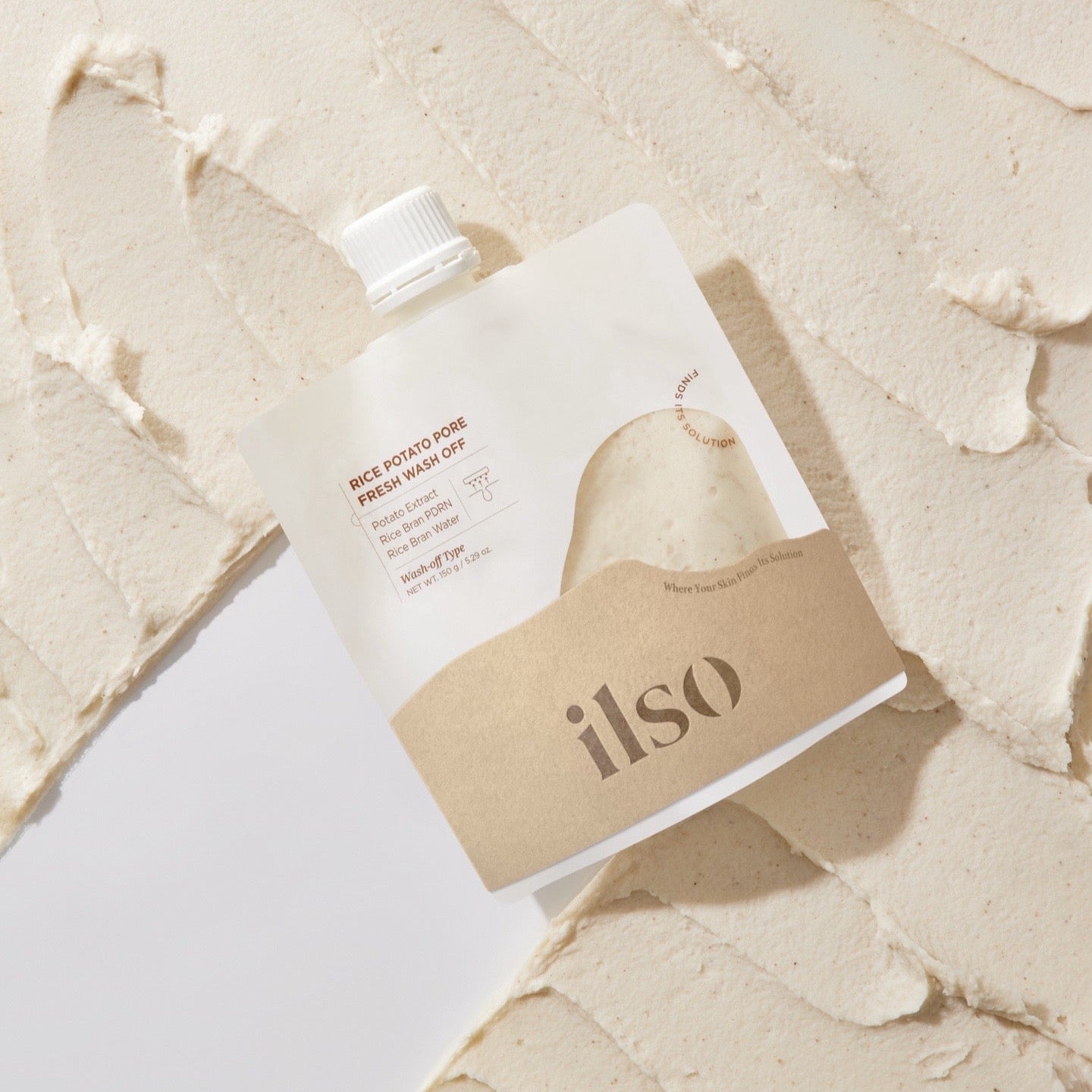 ILSO Rice Potato Pore Fresh Wash-Off 150g skincare product against textured background