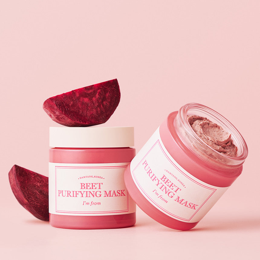 I'M FROM Beet Purifying Mask 110g in pink packaging with beetroot slices, enhancing skin purification and cleansing.
