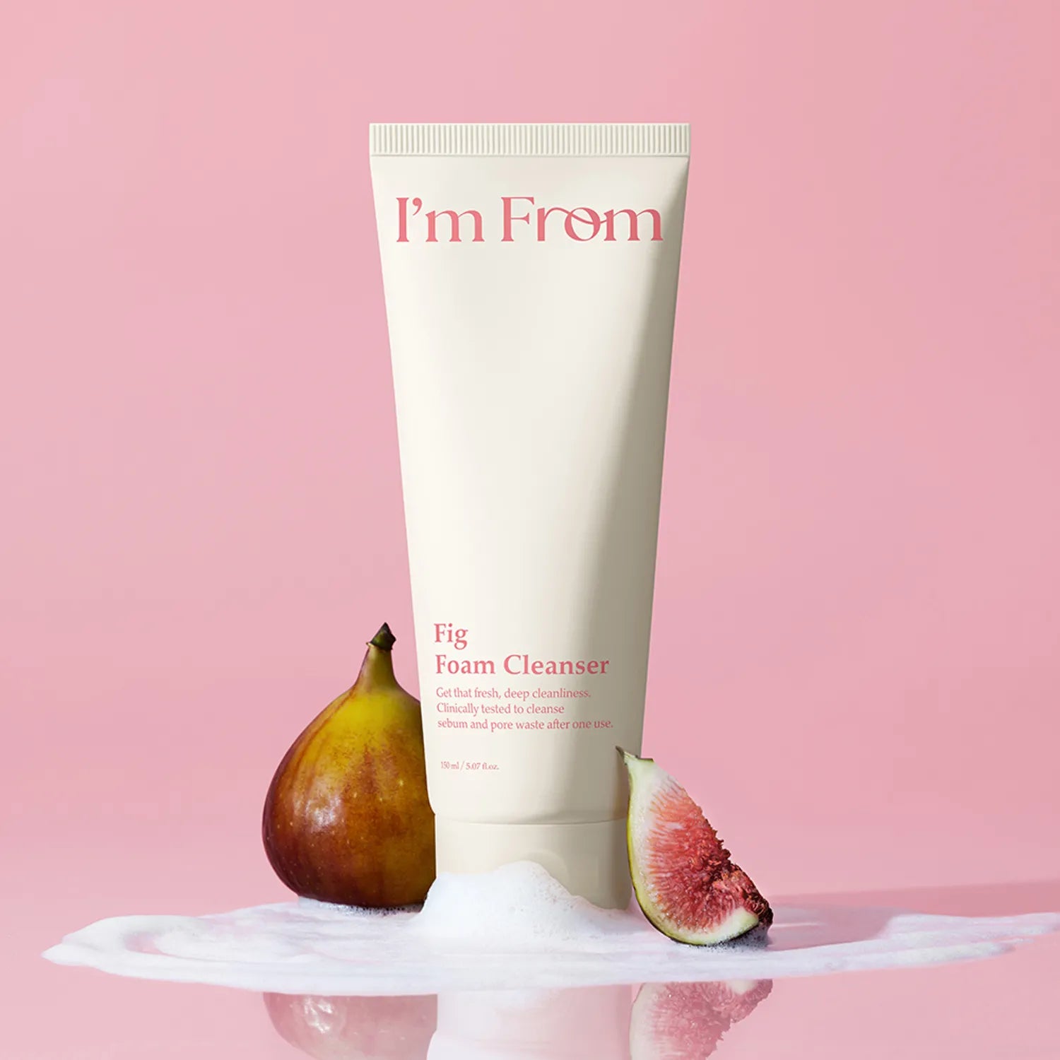 I'M FROM Fig Foam Cleanser 150ml with figs on pink background, showcasing the product's key ingredients and packaging.