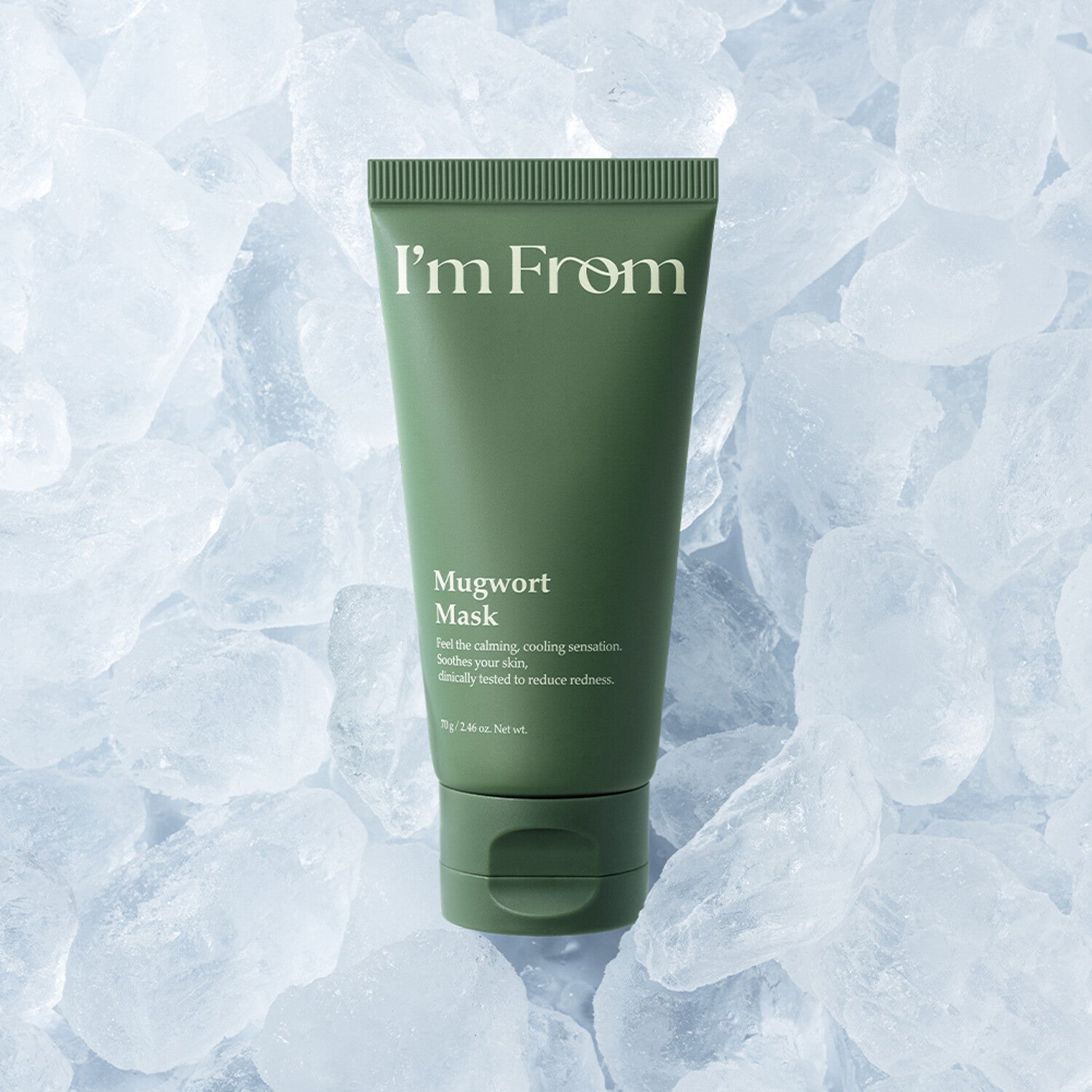 I'M FROM Mugwort Mask 70g product on icy background for soothing skin care.