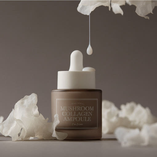 I'M FROM Mushroom Collagen Ampoule 30ml with dropper and white floral decoration.