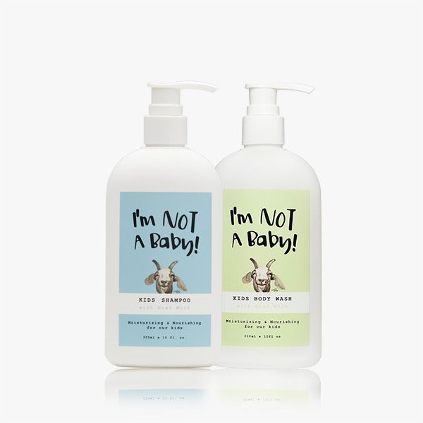 I'M NOT BABY Kids Shampoo 300ml + Kids Body Wash 300ml SET featuring moisturizing and nourishing formula for children.