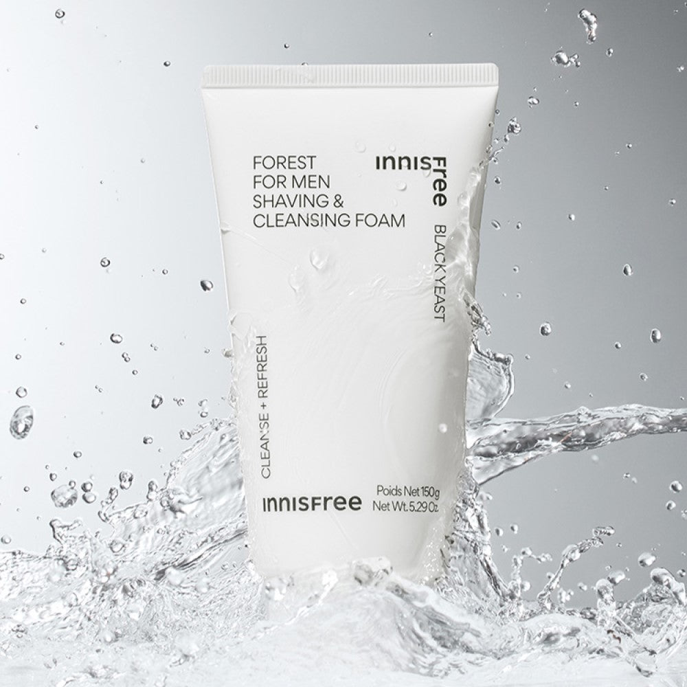 INNISFREE Forest For Men Shaving & Cleansing Foam 150g tube product shot with splashing water, Gentleman Korea Korean men’s skincare