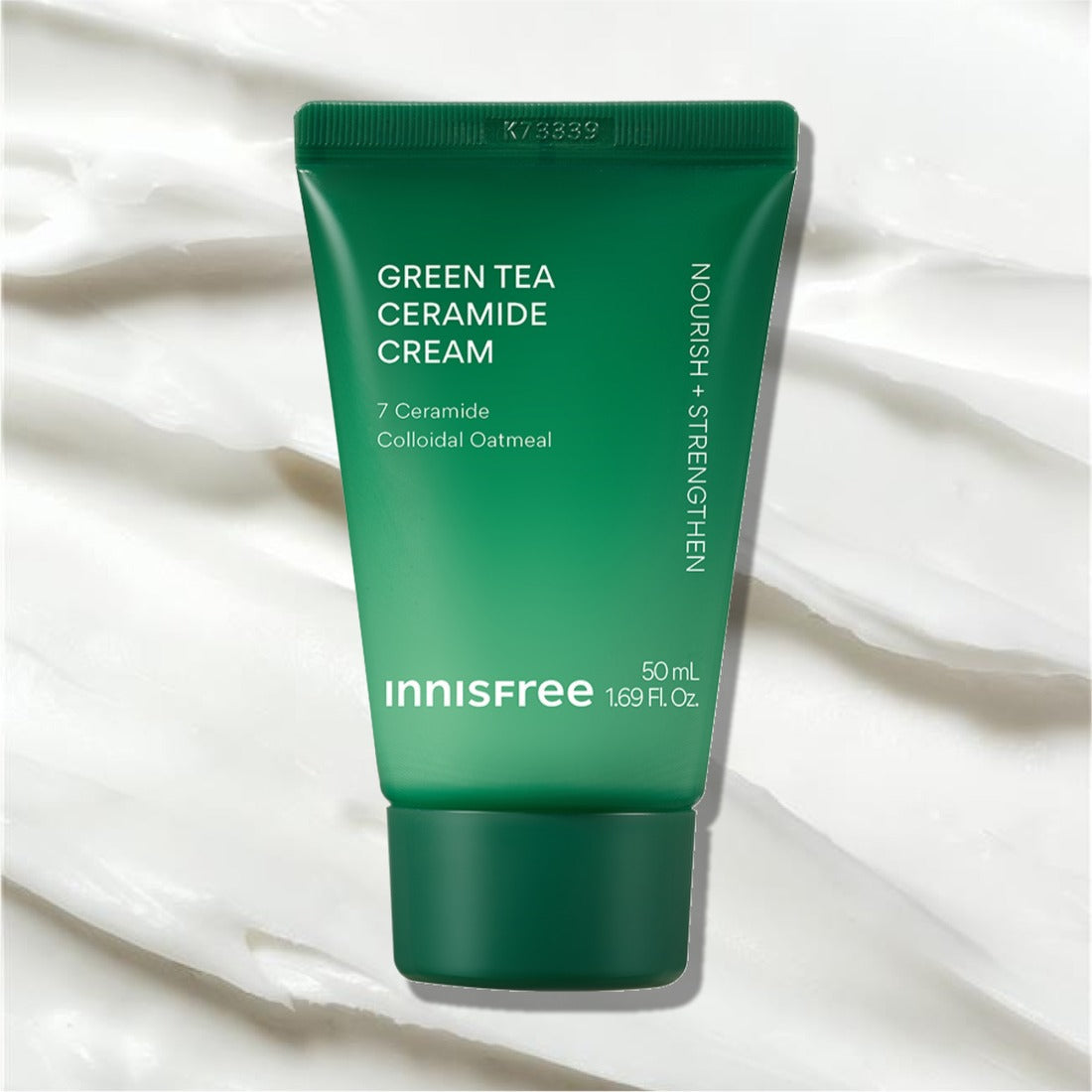 INNISFREE Green Tea Ceramide Cream 50ml (Tube) on a textured background.